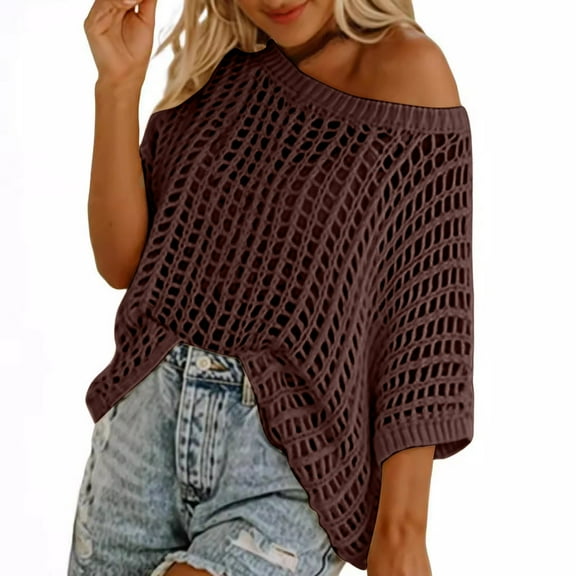 Womens Y2K Crochet Fishnet Long Sleeve Top Off the Shoulder Fall Clothes Going Out Oversized Knitted Sweater Cover Up Lightweight Baggy Hollow Out Pullover Tops Knitwear #07 Brown L