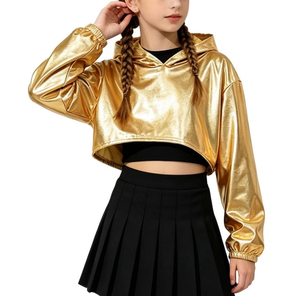 Kid Girls Metal Cropped Hoodie Y2k Glitter Hooded Sweatshirt Shiny Pullover