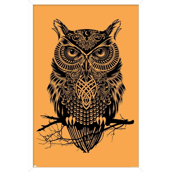 Rachel Caldwell - Warrior Owl On Orange Wall Poster, 14.725" x 22.375" Framed