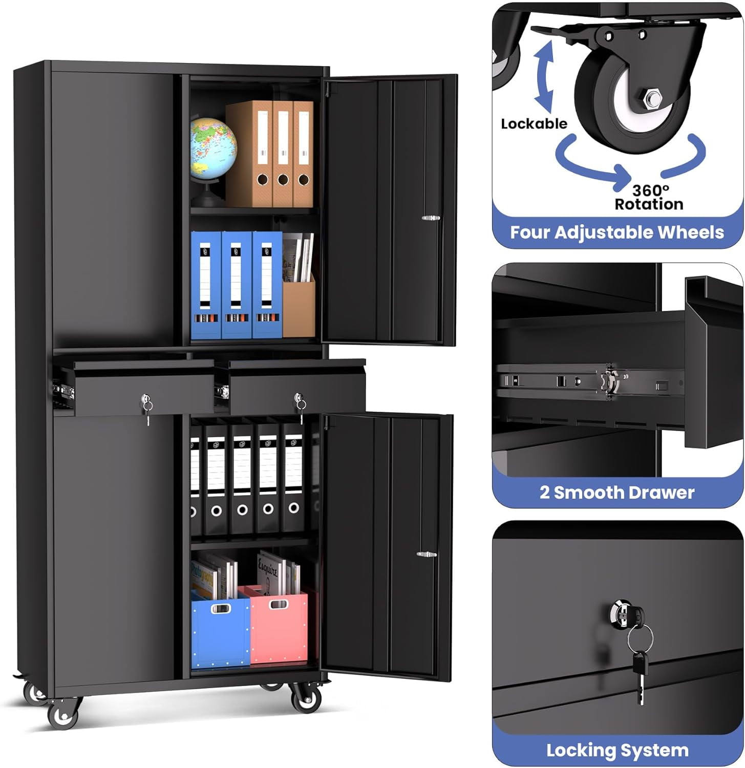 2 - Tier Drawer Steel Storage & File Cabinet with Locking System and Wheels - Ideal for Home Office & Garage, 120KG Load - Bearing Capacity