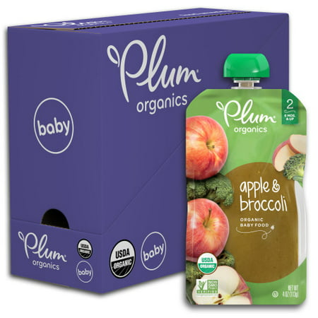 Plum Organics Stage 2, Organic Baby Food, Apple & Broccoli, 4oz Pouch (Pack of