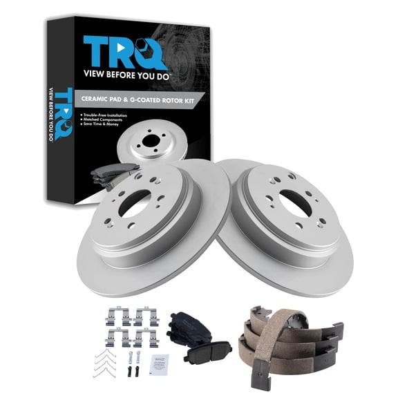 TRQ Rear Brake Pad & Rotor Kit Brake Pads Brake Rotor Parking Brake Shoe Set Ceramic Premium G-Coated Fits Select 2011-2017 Honda Odyssey