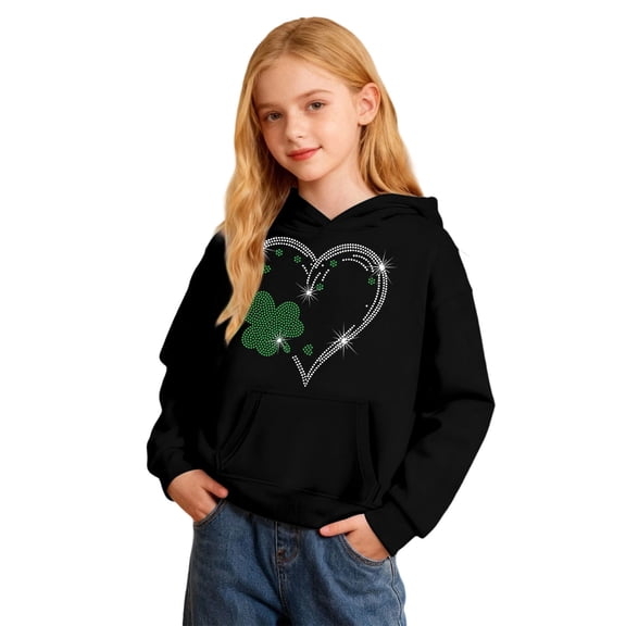 Girls Sweatshirts St. Patrick'S Day Kids Long Sleeve Hooded Sweatshirt Shamrock Print Pocket Pullover Soft Casual Top Black 3 Years-4 Years