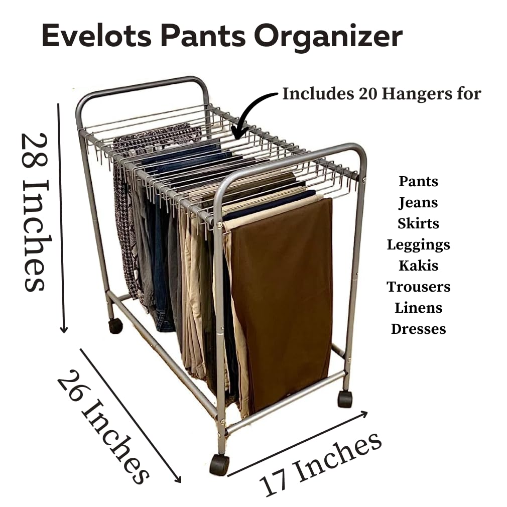 Evelots Pants Rack with 20 Pants Hangers Rolling Trolley Cart - Skirt Hangers, Jean Organizer for Closet