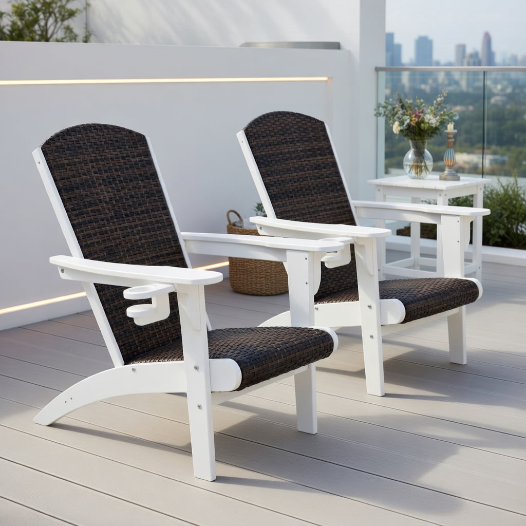 Demi Bonn Outdoor Adirondack Chair with Rattan Padded Seat and Hidden Cupholder, Fire Pit Lounge Chairs for Yard, Garden, Patio, White