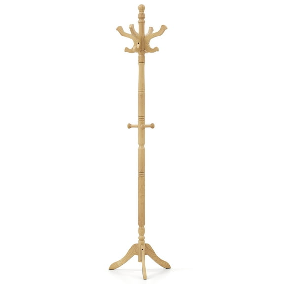 Topbuy Freestanding Coat Rack Solid Rubber Wood Hall Tree with 11 Hooks and 3 Height Options for Coats Natural