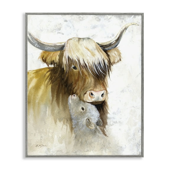 Stupell Industries Neutral Longhorn & Calf Animals & Insects Painting Gray Framed Art Print Wall Art, 11 x 14