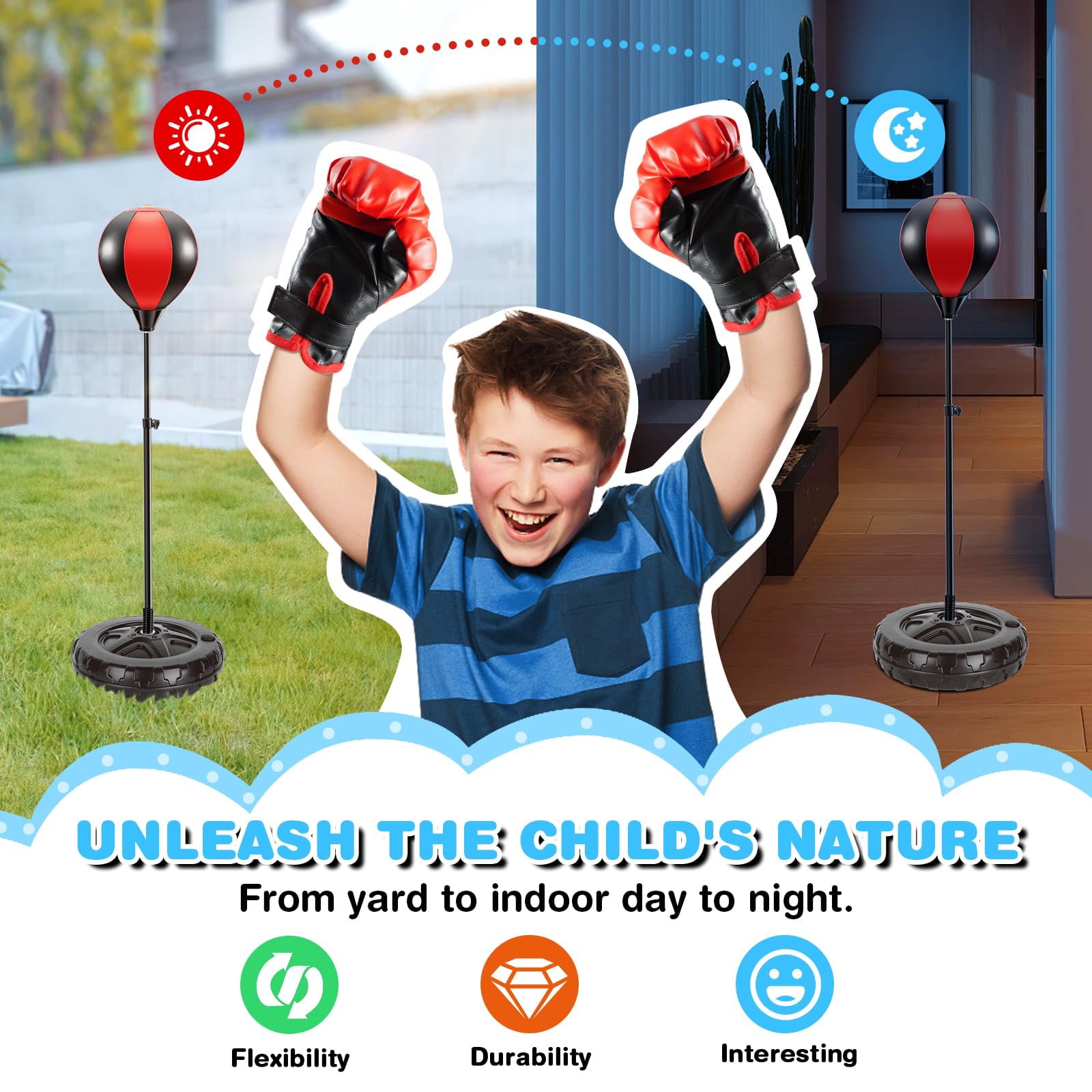JBeeCtrl Punching Bag for Kids with Adjustable Stand Boxing Bag with Boxing Gloves Punching Bag Boxing Toy Set Sport Game Toys for Boys and Girls Ages 3-10 Years Old