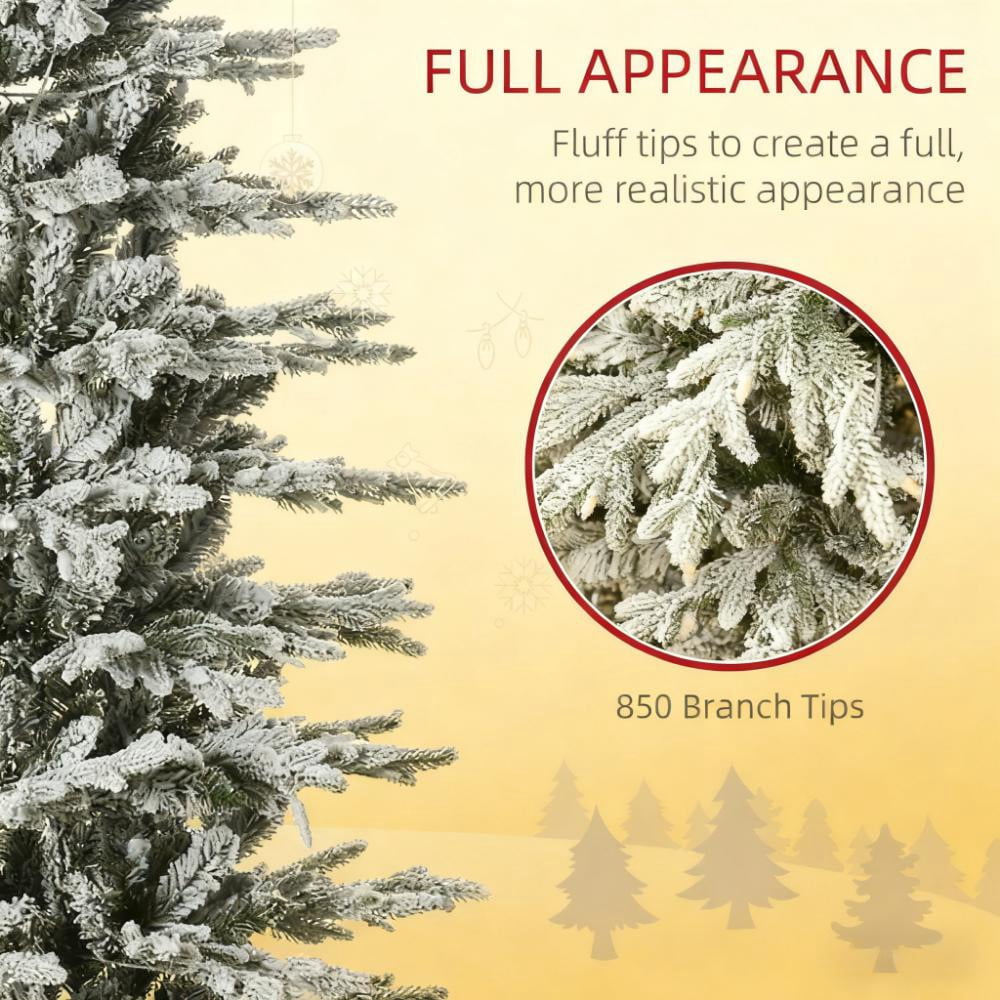 7.5ft Prelit Snow Flocked Christmas Tree with 350 Clear Lights 850 Tips Auto-Open Branches Indoor Decor