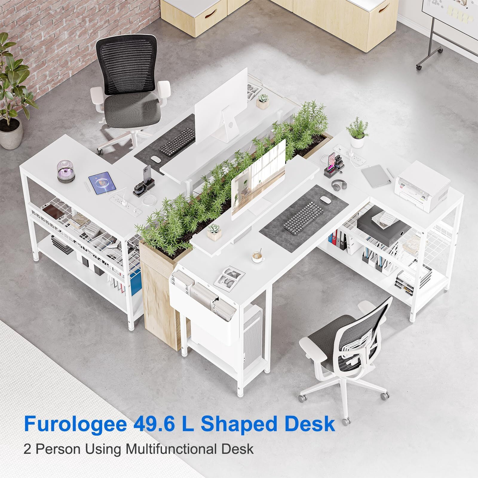 Jojoka 49.6" Reversible L Shaped Computer Gaming Desk with LED Light & Power Outlets, Corner PC Desk with Storage Shelves & Monitor Stand, Home Office Desk, Writing Desk, Workstation, White