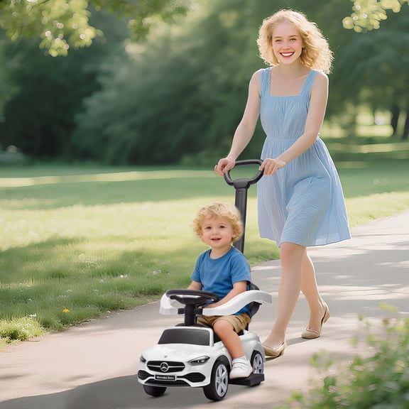 Qaba Mercedes-Benz C-Class Licensed Ride-On Push Car, Baby Stroller Walking Car with Parent Control Handle, Horn, Kids Foot-to-Floor Toy, White