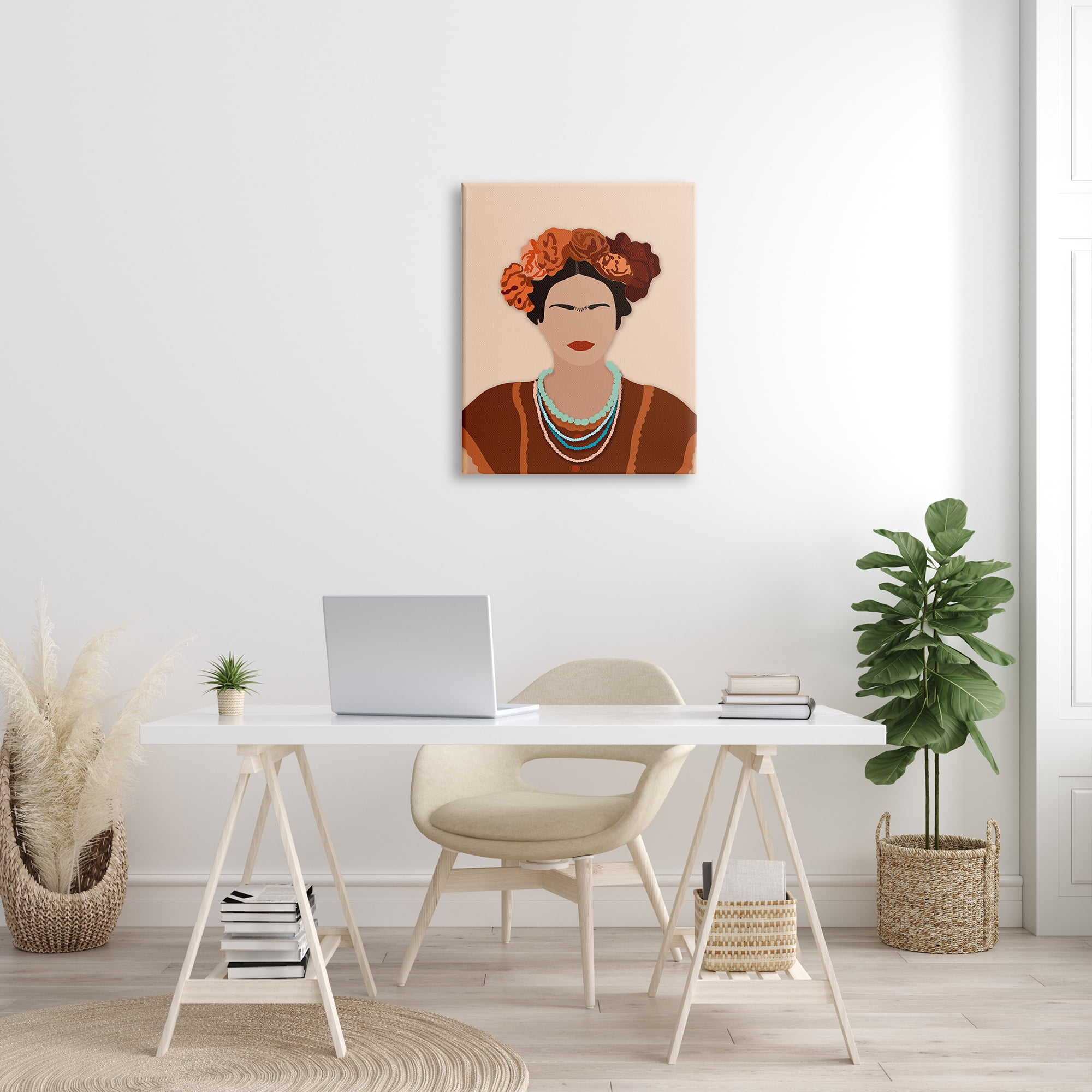 Stupell Industries Frida Artist Portrait Orange Floral Blue Bead Necklace, 24 x 30, Designed by Ros Ruseva