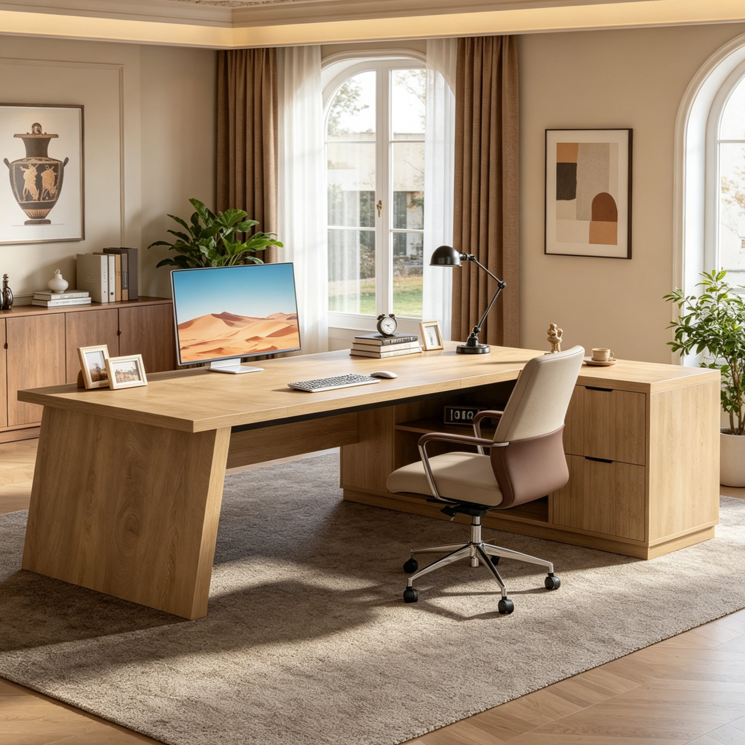 Fnova 77" Large L-Shaped Executive Office Desk with File Drawers and Storage Shelves, Modern Computer Desk Writing Desk for Home Office