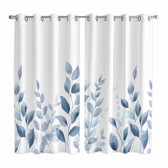 Blue Botanical Kitchen Curtains 63 Inch Length, Pastoral Leaf Watercolor Grommet Top Bedroom Living Room Curtains, Light Filtering Cafe Curtain Drapes 2 Panels Set 84''x63''
