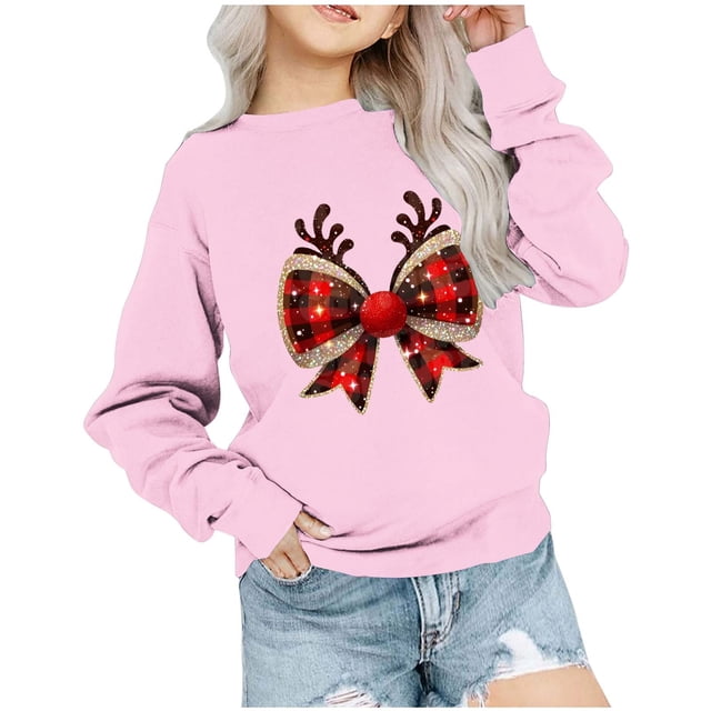 Chemises de Noël Garçons Filles à Carreaux Nœud Papillon Chandails en Molleton Graphiques Col Rond Manches Longues Chandail Tops (7-8 Ans, Rose)