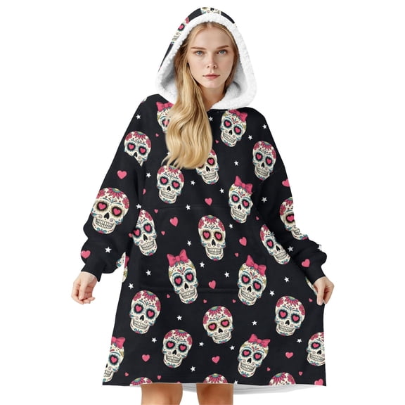 Skull and Bow Gothic Pattern Oversized Sherpa Fleece Wearable Blanket Hoodie, Double-Sided Warm Fuzzy Pullover with Super Pockets for Women & Men