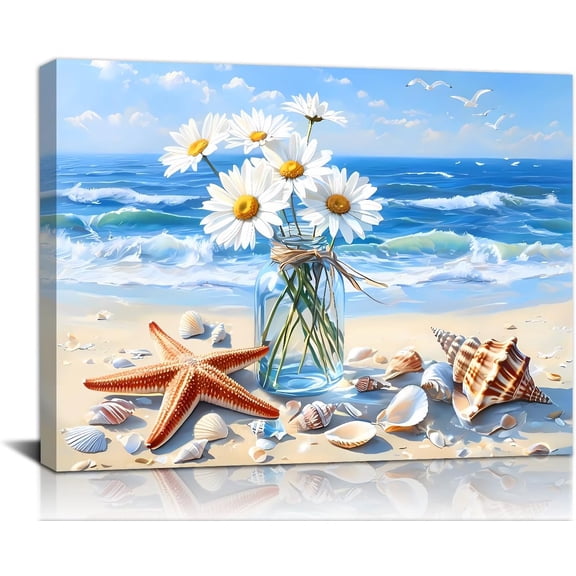 Blue Ocean Beach Bathroom Canvas Wall Art,Daisy Seascape Wall Art,Coastal Floral Decor, Seaside Seashell Painting Print Artwork for Living Room Bedroom Restroom,Framed (12"X16"inch)