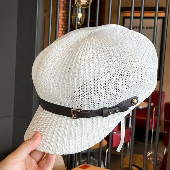 SikaFu New Mesh Breathable Beach straw hat Octagonal Cap Straw Women Summer Thin Newsboy Cap Painter Adjustable Rope Knitted Beret