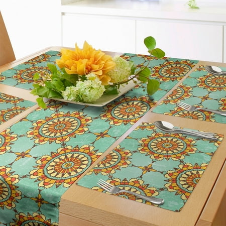 

Moroccan Table Runner & Placemats Ornamental Abstract Moroccan Motif with Old Fashion Victorian Influences Art Set for Dining Table Decor Placemat 4 pcs + Runner 16 x90 Mint Orange by Ambesonne