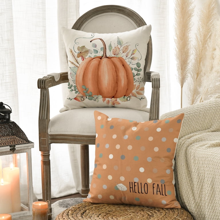 Fall Pumpkin Throw Pillow Covers, Set Of 2, 20x20 Inch - Orange Pumpkins & Eucalyptus Leaves 9 thumbnail image