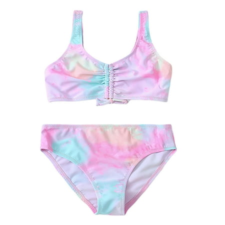 Toimothcn Girl s Swimsuit Sleeveless Casual Tie Dye Printed 2 Piece Bikini Set Quickly Dry Cover Up Swimwear 7-8 Years