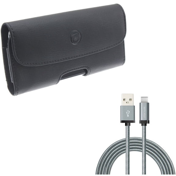 Black Leather Phone Case Side Cover Pouch w 6ft Long Gray Braided Type-C Cable Rapid Charger Sync USB Wire Y7G for LG V40 ThinQ, Stylo 4 Plus - Motorola Moto Z4 Z3 Play Z2 Play Z Play Droid