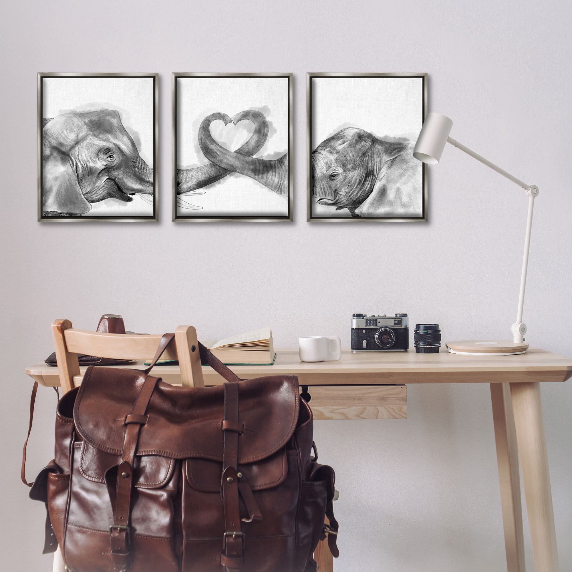 Stupell Industries Elephant Trunk Heart Shape Animals & Insects Painting Gray Floater Framed Canvas Art Print Wall Art, 17 x 21, Set of 3