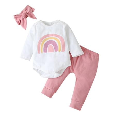

Three Piece Baby Girl’s Clothes Fresh Rainbow Long Sleeve Jumpsuit and Solid Color Long Pants with Headband