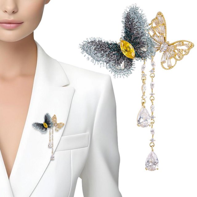 Broche de tela con borlas y mariposas para mujer y niña, Pin para traje, accesorio para chal, circonita de cristal, solapa elegante, diamantes de imitación y decoración