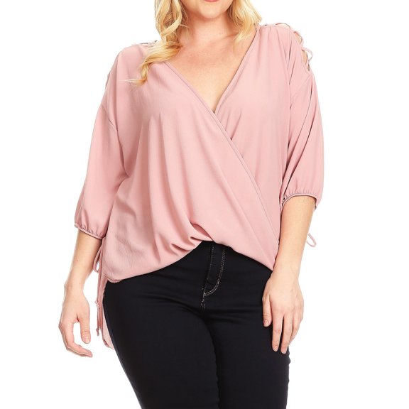 eVogues Plus Size Cold Shoulder Chiffon Top Pink