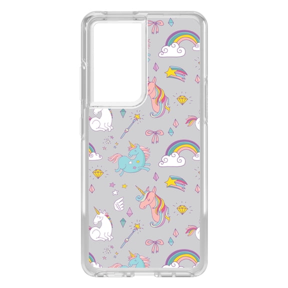 DistinctInk Clear Shockproof Hybrid Case for Galaxy S21 ULTRA 5G (6.8" Screen) - TPU Bumper, Acrylic Back, Tempered Glass Screen Protector - Unicorn Rainbow Wand Pattern - Grey