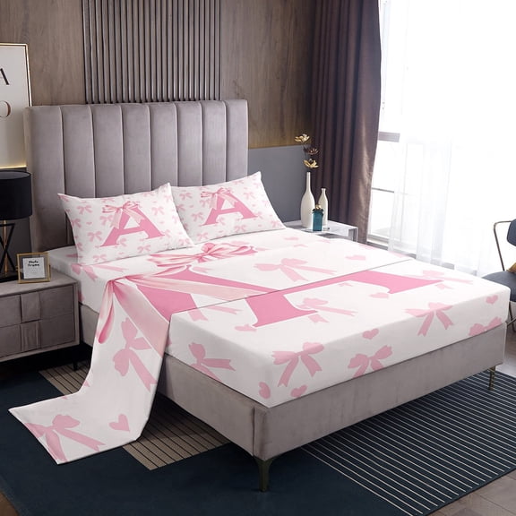 Pink Bow Bed Sheet Set Twin Size,Initial Letter A Chic Romantic Sheet Set,Princess Style Bowknot Love Hearts Girly Fairy Bedding Set with 1 Flat & 1 Fitted Sheet with 1 Pillow