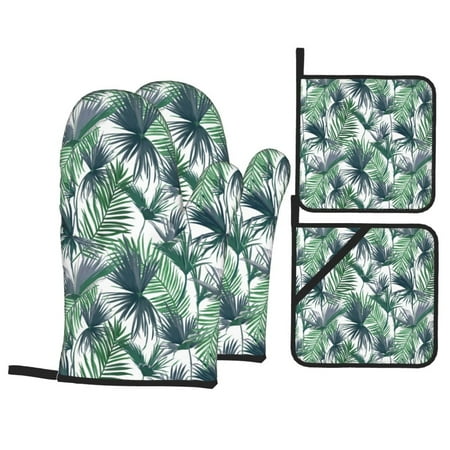 

Oven Mitts and Pot Holders Sets 4 pcs - Palm tree_Green Heat Resistant Silicone Oven Gloves with Non-Slip Silicone Surface and hot pads for kitchen Baking Cooking BBQ