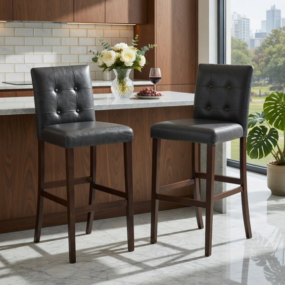 Resenkos 29 Inch Set of 2 PVC Leather Bar Stools, Upholstered Chair with Solid Wood Legs for Dining Room, Home Bar, Black
