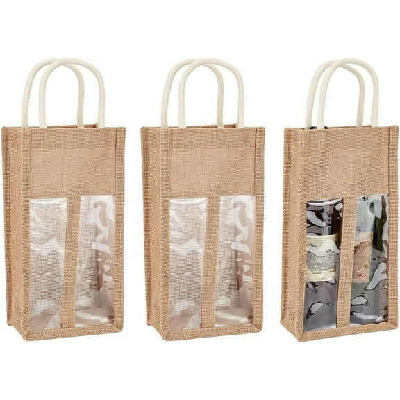 3pc Jute Wine Storage Drawstring Pouches with PVC Clear Window Wine Glass Storage Gift Bags Rectangle Camel 44.5x17.5x10.5cm