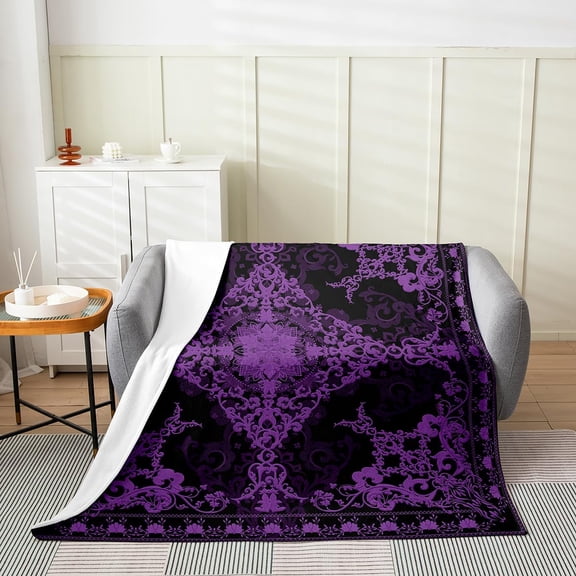 Purple Damask Throw Blanket for Couch Sofa Bed Fluffy Soft Warm Microfiber Fleece Blanket