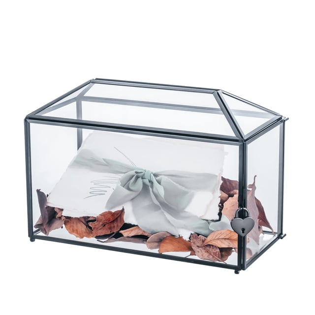 Caja de cristal para tarjetas de boda NCYP negra, 32 x 15 x 23 cm, con ranura y cierre