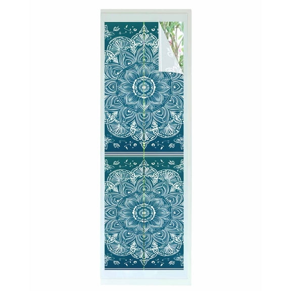 Window Privacy Film Teal Boho Floral Stained Glass Window Film Decorative Sun Block Window Cover Farmhouse Ethnic Tribal Abstract Art Window Clings Static Adhesive Sticker for Bathroom 23.6"x78.7"