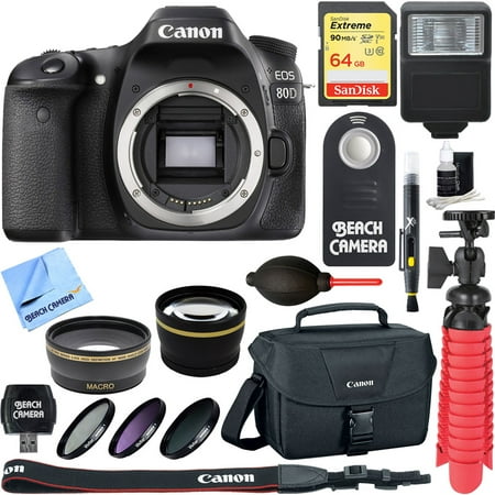Canon EOS 80D 24.2 MP CMOS Digital SLR Camera (Body) + Accessory Bundle 64GB SDXC Memory + DSLR Photo Bag + Wide Angle Lens + 2x Telephoto Lens + Flash + Remote + Tripod & More