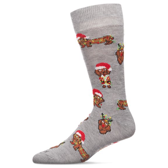 MeMoi Men's Lit Dachshund Dog Holiday Novelty Crew Socks - Mens - Male, 10-13, Med Gray Heather