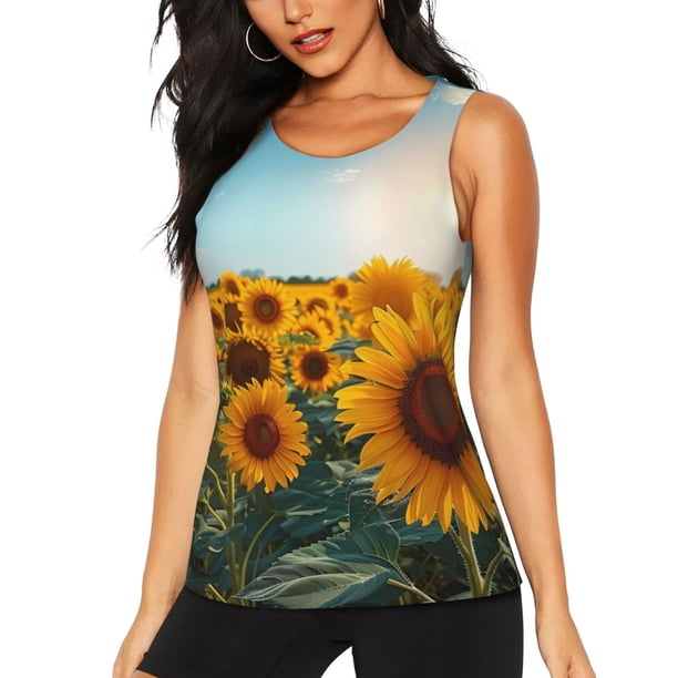 Fotbe Sunlit Sunflower Field Blusas Sin Mangas para Mujer – Estilo Casual, Corte Suelto, Slim-Fit, Cuello Redondo Deportivo, Tops de Verano para Gimnasio y Yoga-Small