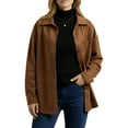 thumbnail image 3 of Faux Suede Shirts for Women Long Sleeve Casual Button Down Shirt Top Brown, 3 of 8
