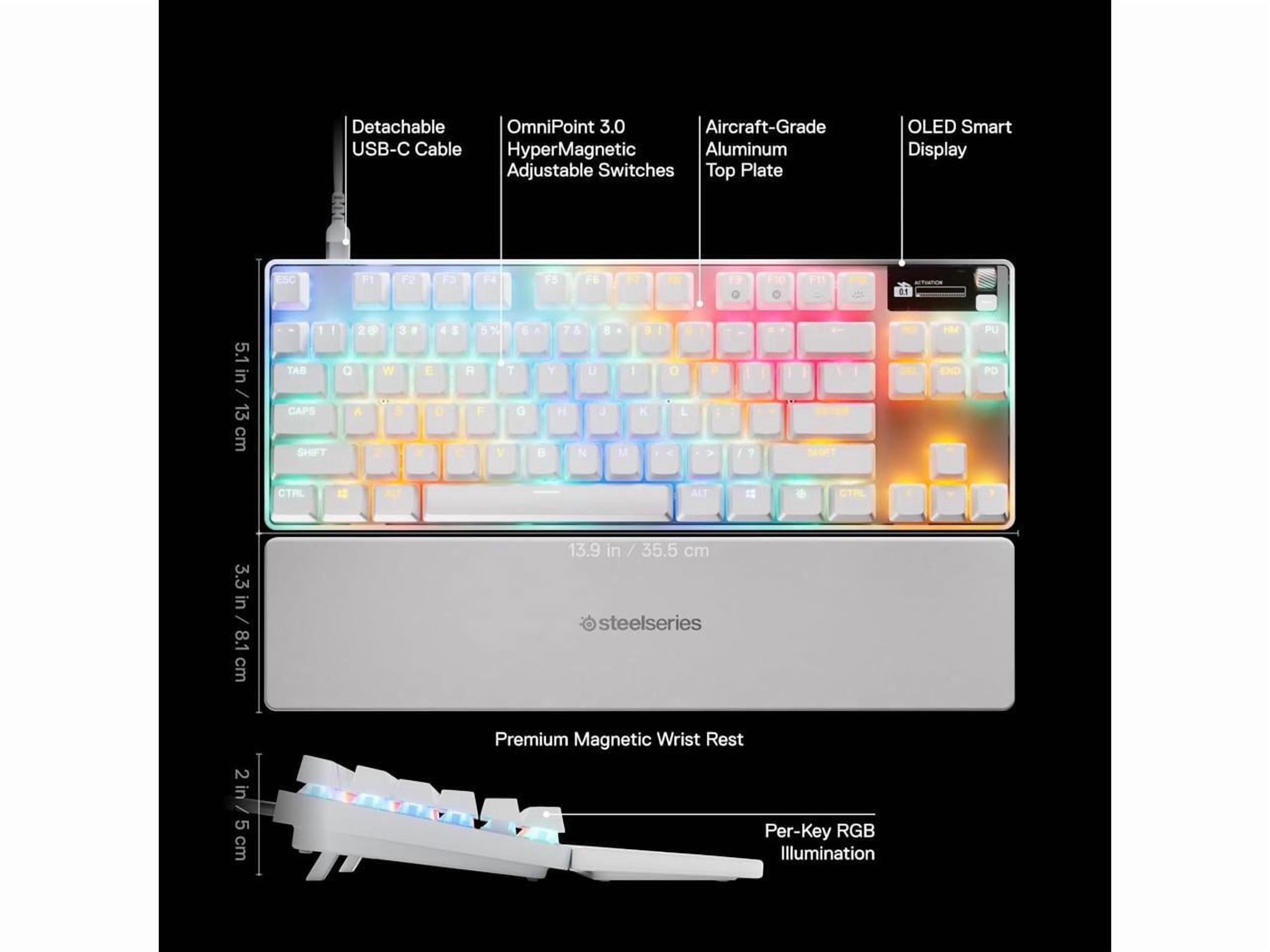 SteelSeries Apex Pro TKL Gen 3 White OmniPoint 3.0 Switches — Adjustable Actuation — Rapid Trigger — Game-Ready Presets — Protection Mode — Rapid Tap/SOCD — OLED — RGB — PBT Keycaps — USB-C
