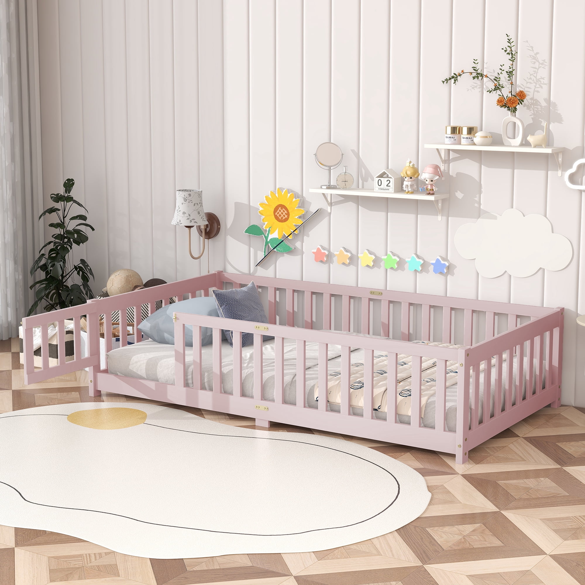 Sailvan Twin Floor Bed with Fence and Door, Solid Rubber Wood Kids Platform Bed Frame Pink