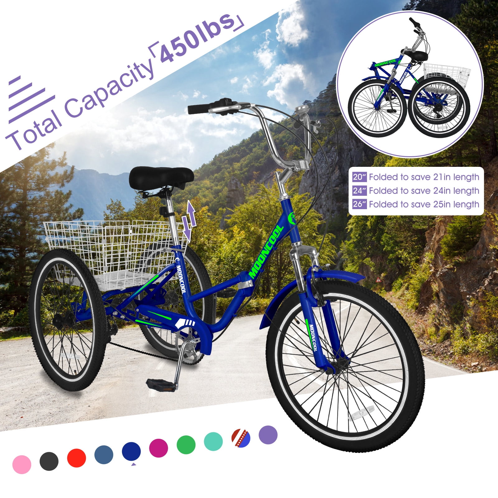 LILYPELLE 24" 3 Wheel Bike for Adults Folding Tricycle 7 Speed Adult