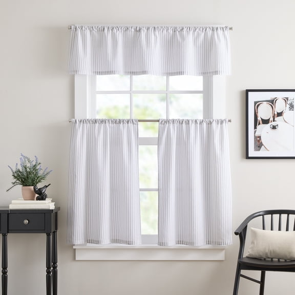 Curtainworks James 3 Piece Valance and Tier Set Grey, Rod Pocket, Light Filtering, Indoor, 58," x 14", Adult