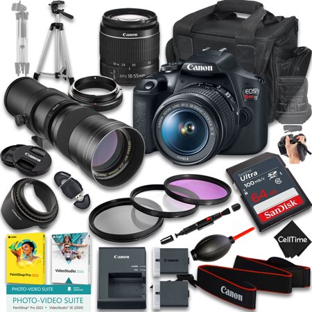 Canon EOS Rebel T7 DSLR Camera with EF-S 18-55mm f/3.5-5.6 IS II And 420-800mm f/8 Manual Super HD Telephoto Lens + 64 GB Memory + Extra Battery + Camera Case + More (23pc Bundle)