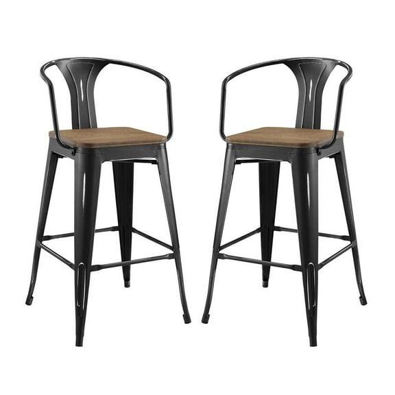 Modway Promenade 30" Modern Metal Bar Stools in Black (Set of 2)