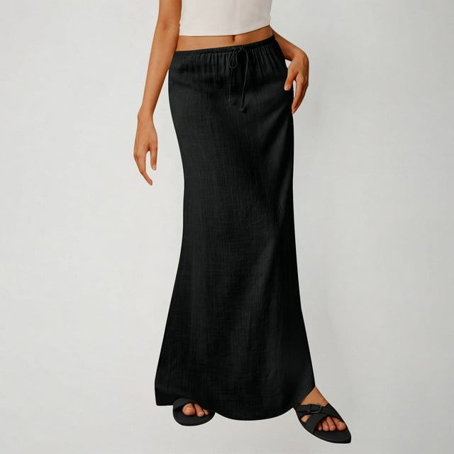 Miqool Ladies Fashion Women Solid Color Elastic Waist Drawstring Long Skirt