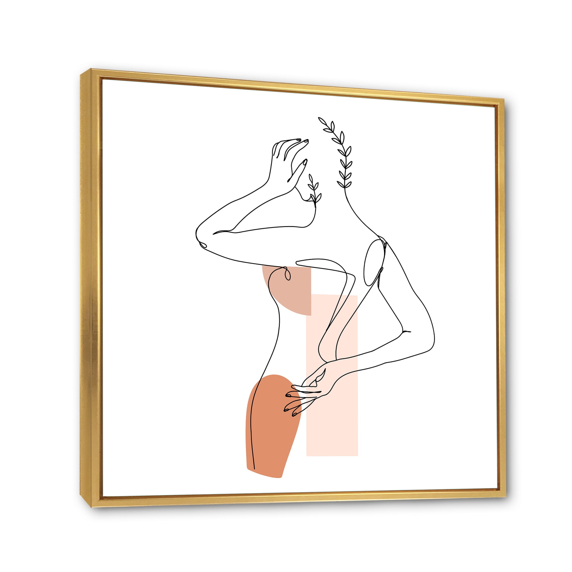 One Line Woman Portrait With Shapes and Leaves II 30 in x 30 in Framed Painting Canvas Art Print, by Designart